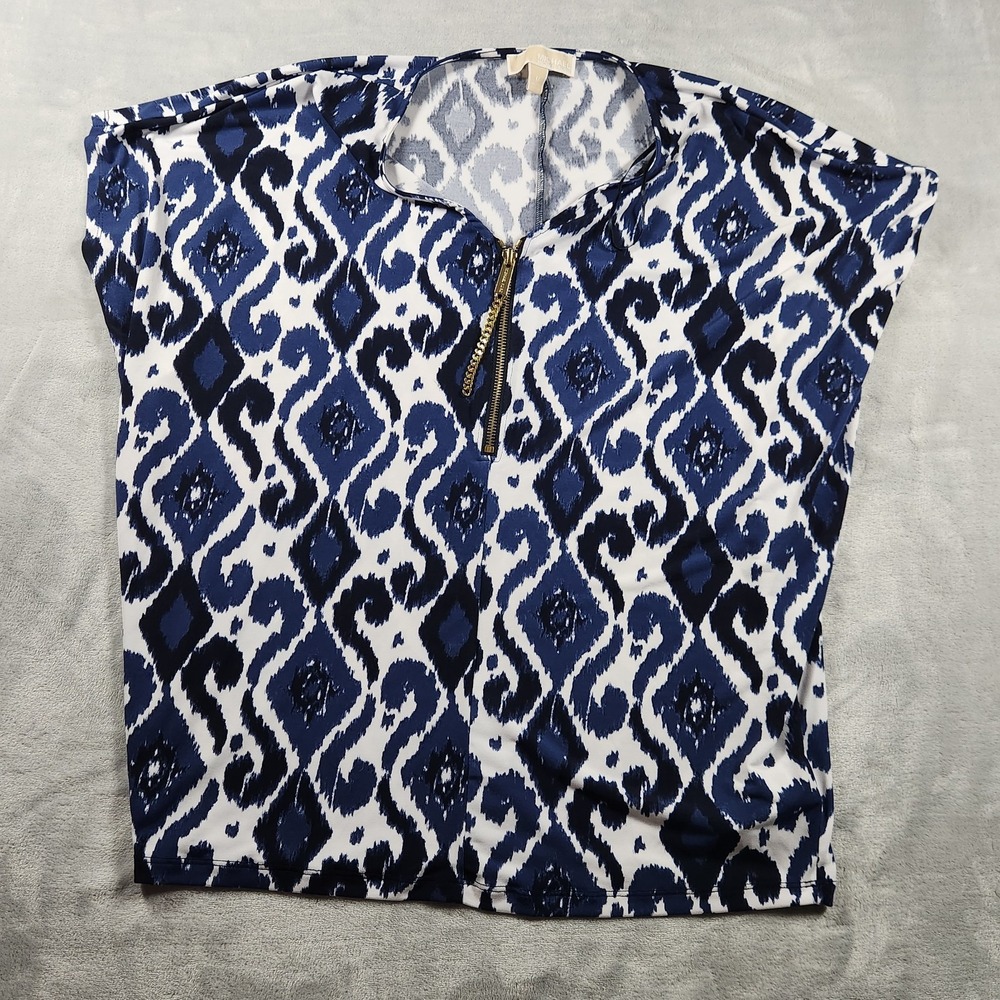 Michael Kors Women Top M Blue Whi PolyBlend Short Sleeve‎ 1/4 Zip Casual Blouse